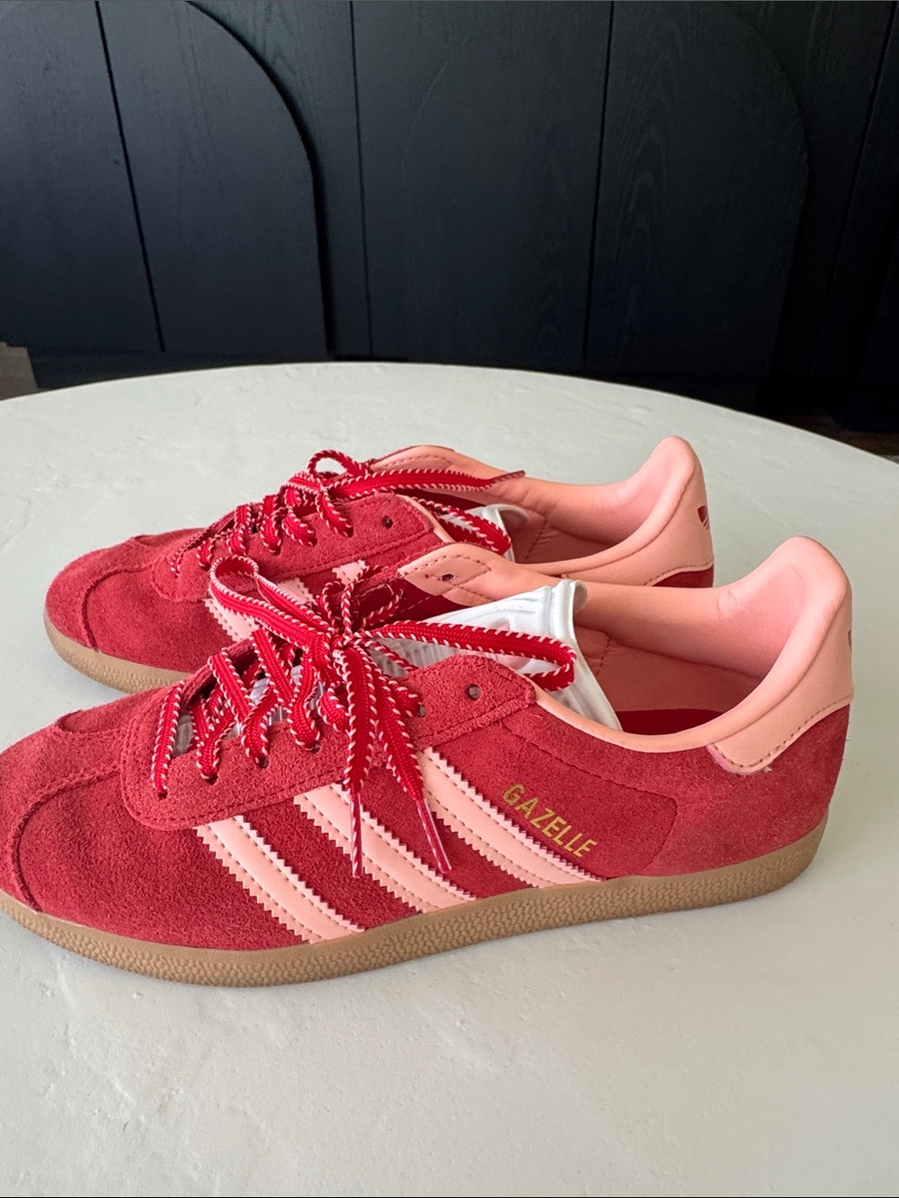 adidas Gazelle Women’s Red Suede Sneakers with Pink Accents